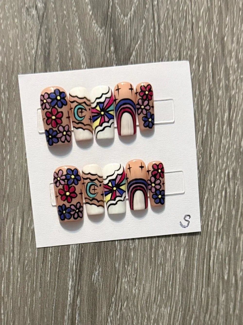 Boho Floral & Rainbow Press-On Nails in Pink, White & Purple